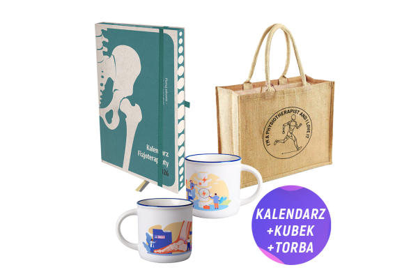 Pakiet: Kalendarz fizjoterapeuty 2026 + Kubek emaliowany + Torba jutowa